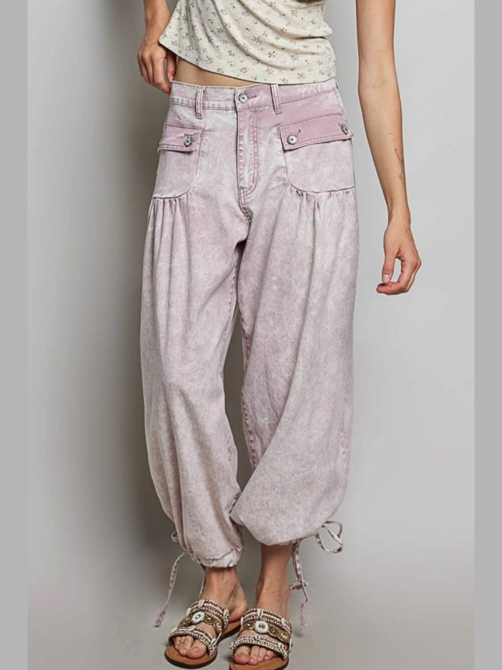 Pol Floral Buttons Shirred Twill Wide Leg Jogger Pants Purple Sz S M L Loose Fit